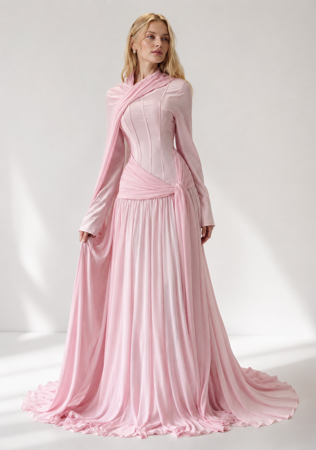 Abendkleid mit drapierter Schulterstola und plissiertem Chiffonrock