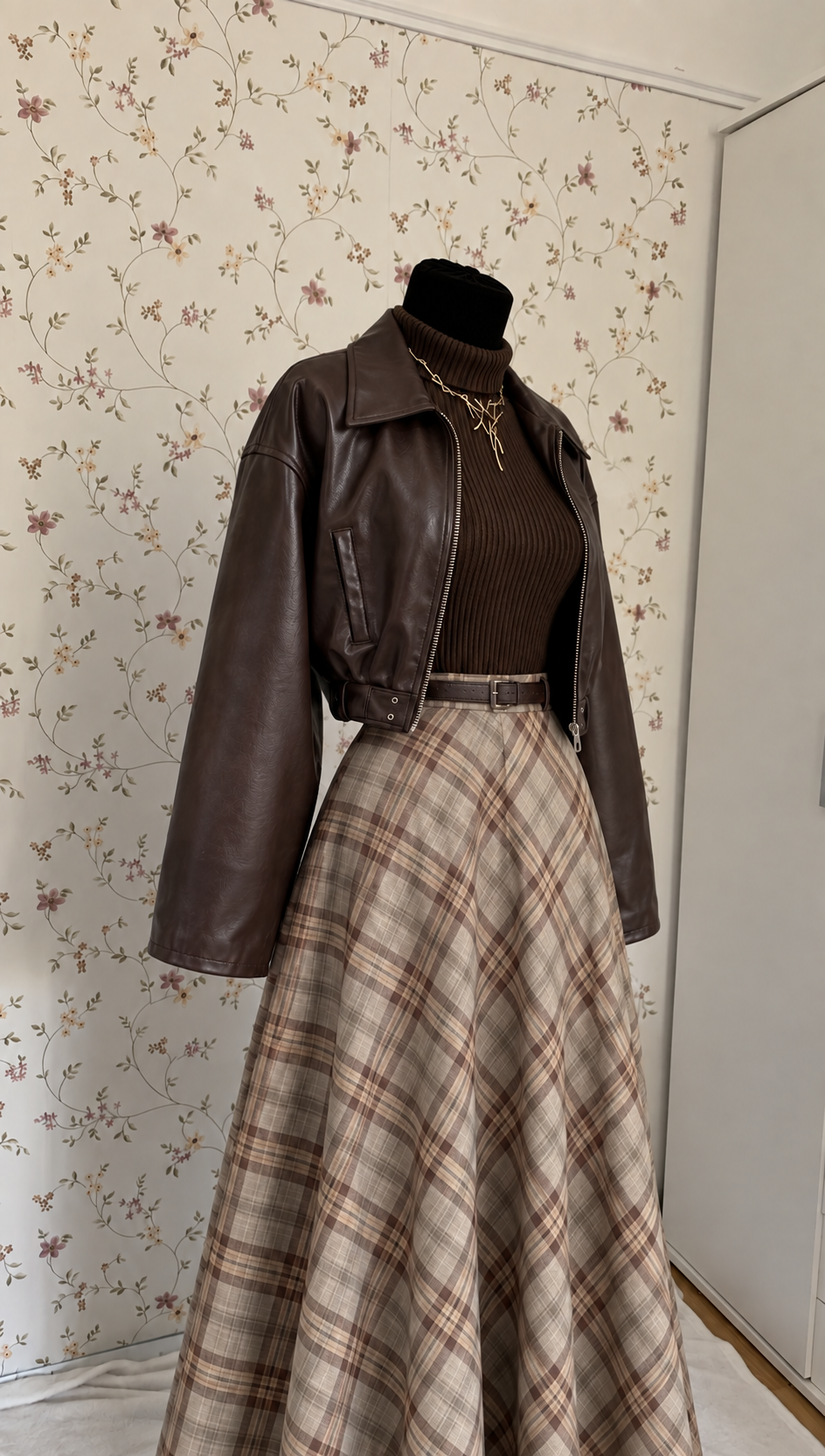 Elegantes 3-teiliges Set mit kariertem Maxirock & Lederjacke