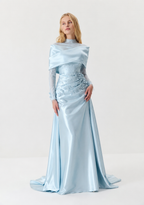Abendkleid besticktem Tüll und drapierter Schulterstola