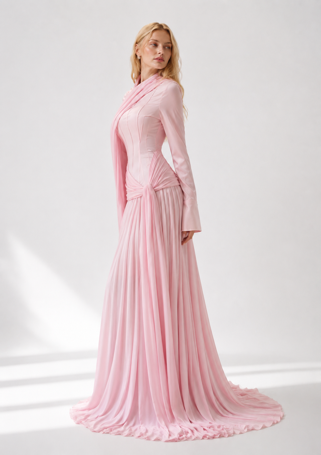Abendkleid mit drapierter Schulterstola und plissiertem Chiffonrock