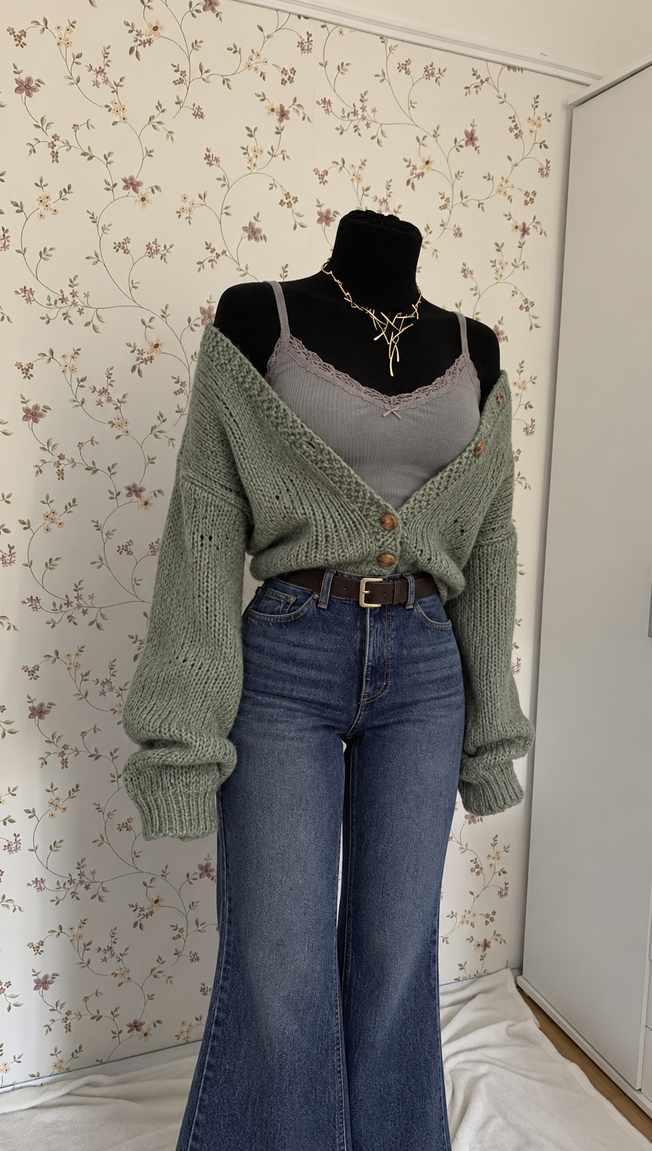 Graues Top mit Schlagjeans, Strickcardigan & Gürtel – 4-teiliges Set