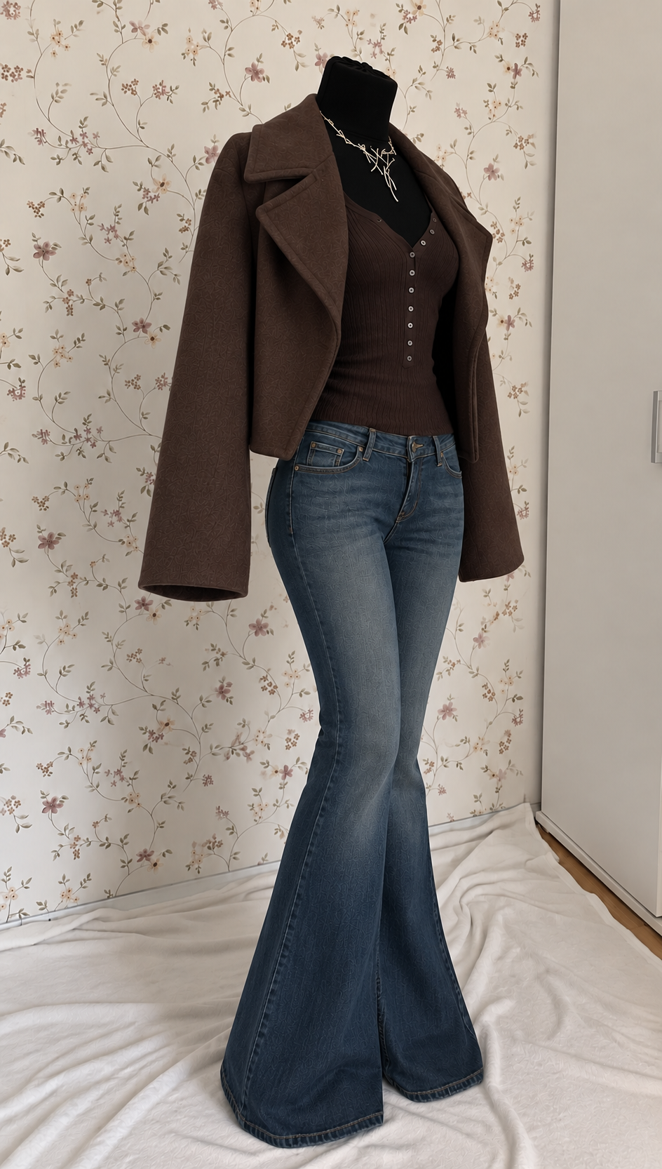 Braunes Langarm-Oberteil mit Schlagjeans & Kurzjacke – 3-teiliges Set