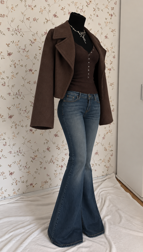Braunes Langarm-Oberteil mit Schlagjeans & Kurzjacke – 3-teiliges Set