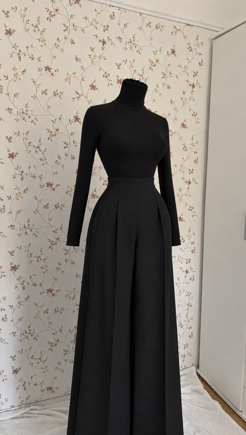 Elegantes 3-teiliges schwarzes Outfit mit Anzugshose & Mantel