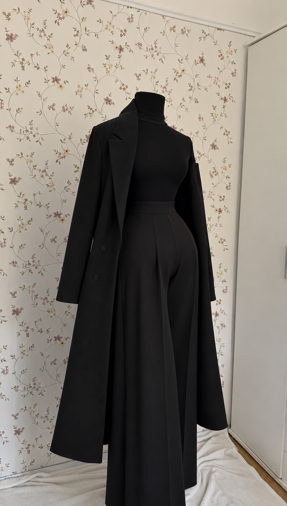 Elegantes 3-teiliges schwarzes Outfit mit Anzugshose & Mantel
