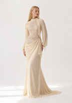 Abendkleid mit besticktem Mieder und Drapierung