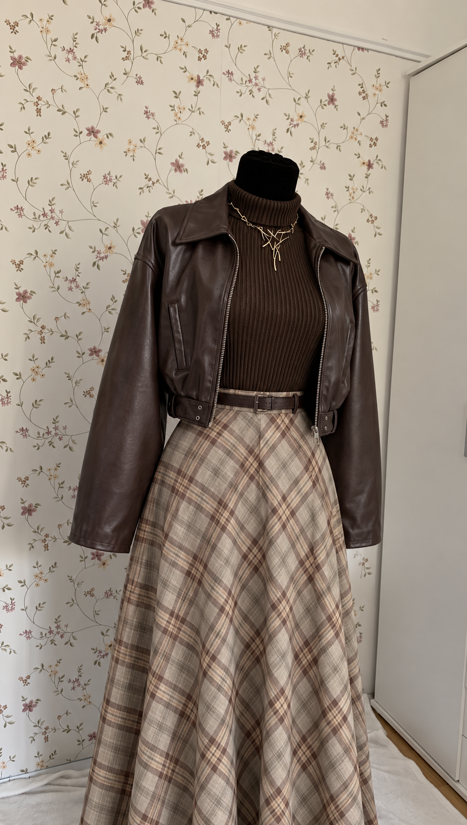 Elegantes 3-teiliges Set mit kariertem Maxirock & Lederjacke