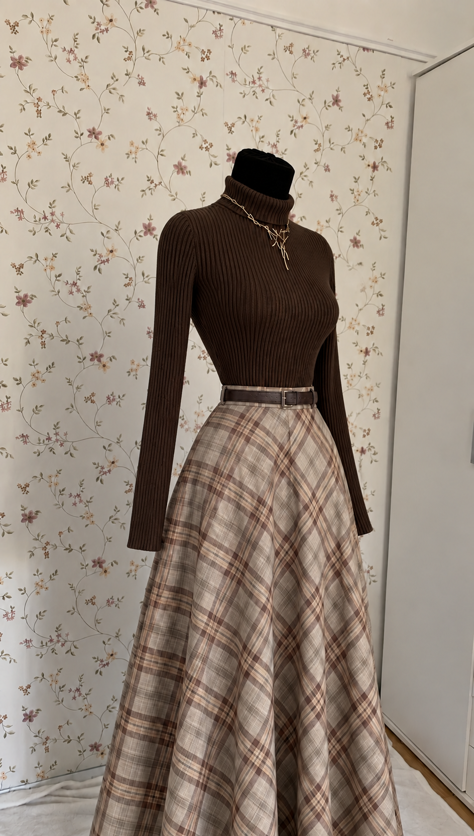 Elegantes 3-teiliges Set mit kariertem Maxirock & Lederjacke