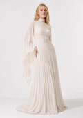 Abendkleid mit drapiertem Oberteil und fließenden Ärmel